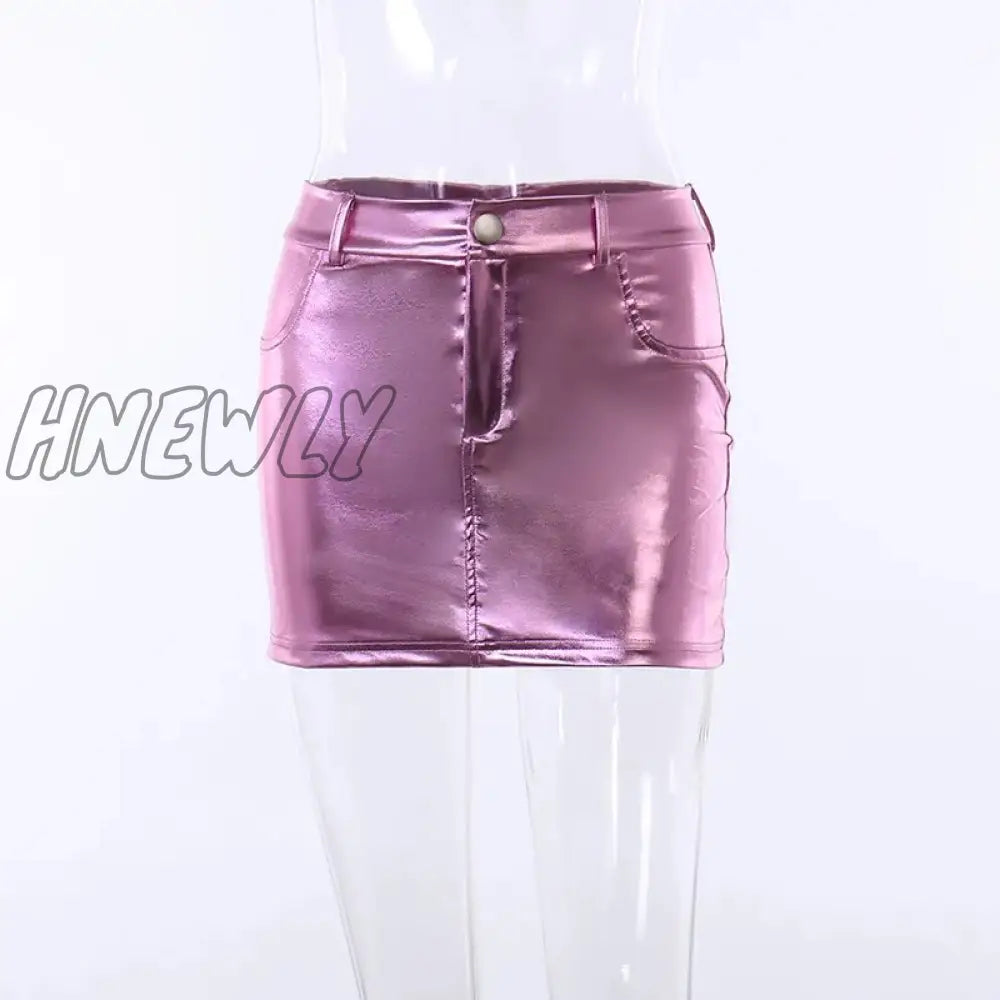 Hnewly Y2K Pink Metallic Fashion Hot Girls Short Skirt Pockets Slim Fit Bright High Waist Korean