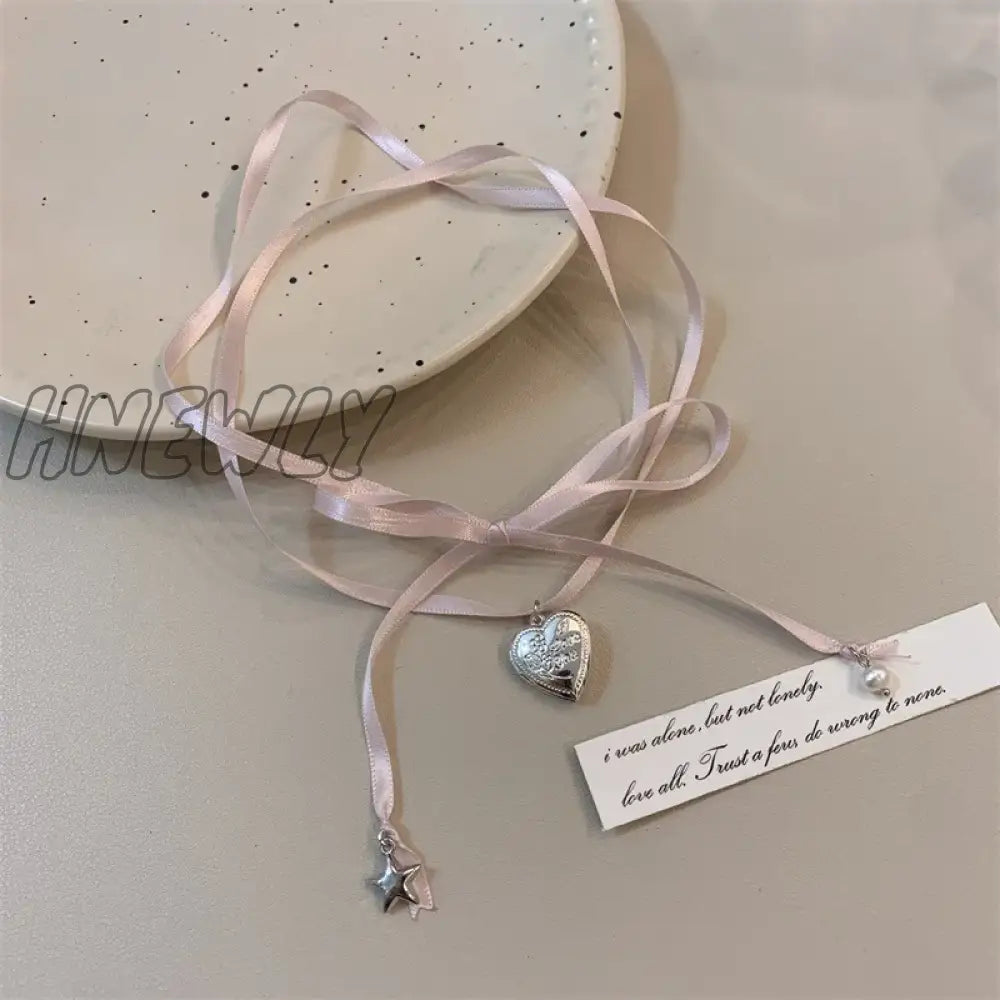Hnewly Y2K Pink Rope Tied Peach Heart Pendant Necklace For Women Fashion Retro Sweet Harajuku Charm