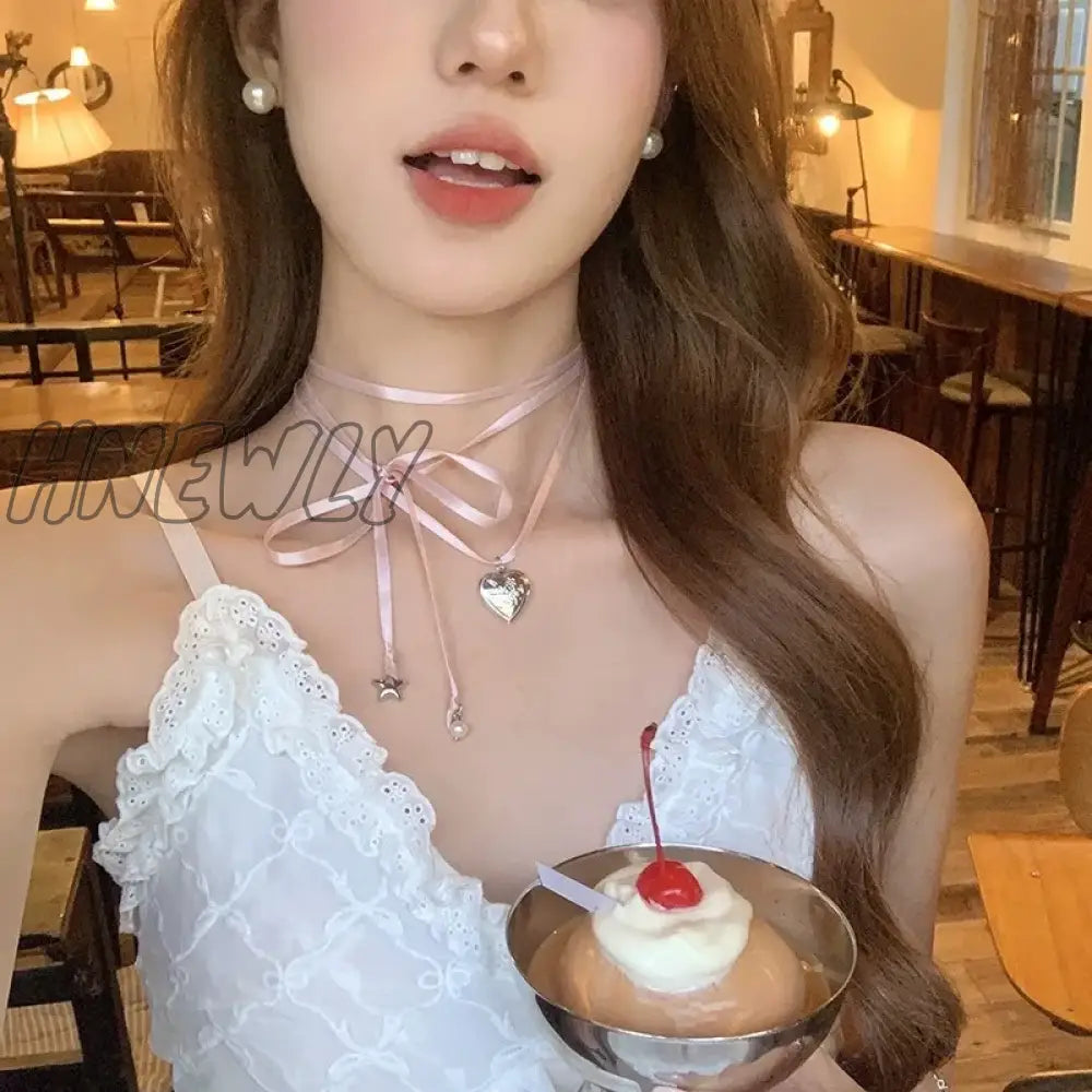 Hnewly Y2K Pink Rope Tied Peach Heart Pendant Necklace For Women Fashion Retro Sweet Harajuku Charm