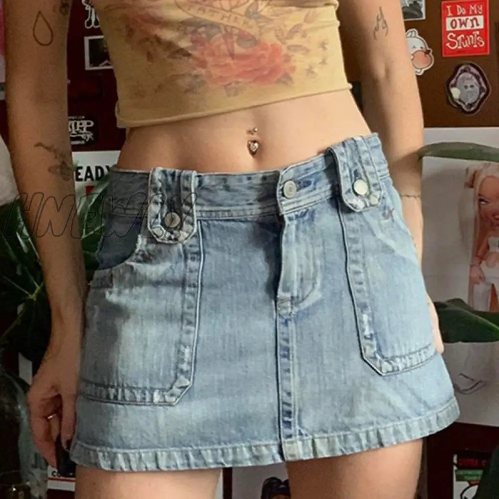 Hnewly Y2K Preppy Retro Jeans Mini Skirt Korean Fashion High Waist Denim Pencil Chic Women Harajuku