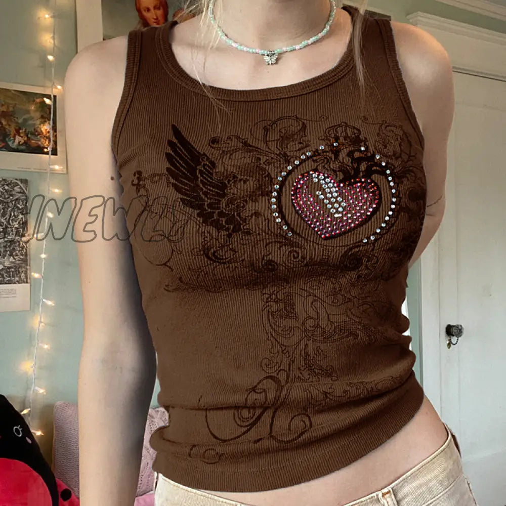 Hnewly Y2K Printed Crop Top Knitted Diamonds Kawaii Grunge Tank Tops Fairycore Sleeveless Sweats
