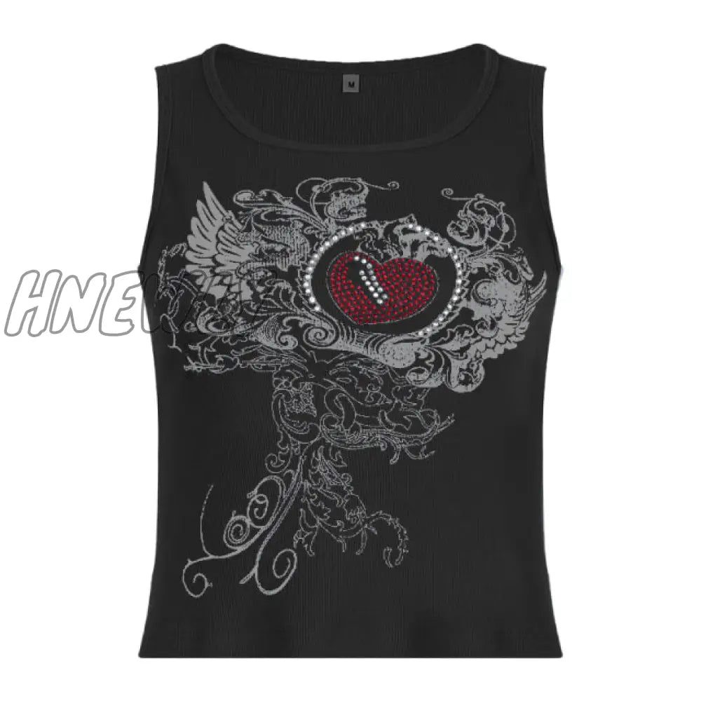Hnewly Y2K Printed Crop Top Knitted Diamonds Kawaii Grunge Tank Tops Fairycore Sleeveless Sweats