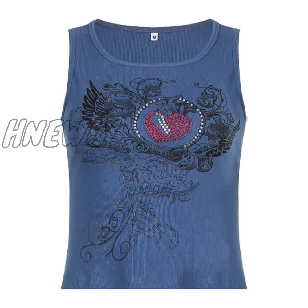Hnewly Y2K Printed Crop Top Knitted Diamonds Kawaii Grunge Tank Tops Fairycore Sleeveless Sweats