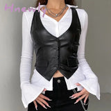 Hnewly Y2K Pu Leather Vest Vintage Aesthetic Women V Neck Sleeveless Button Tank Tops 2000S Dark