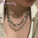 Hnewly Y2K Retro Kpop Silver Color Pendant Necklaces For Women Gothic Zircon Heart Cross Tassel
