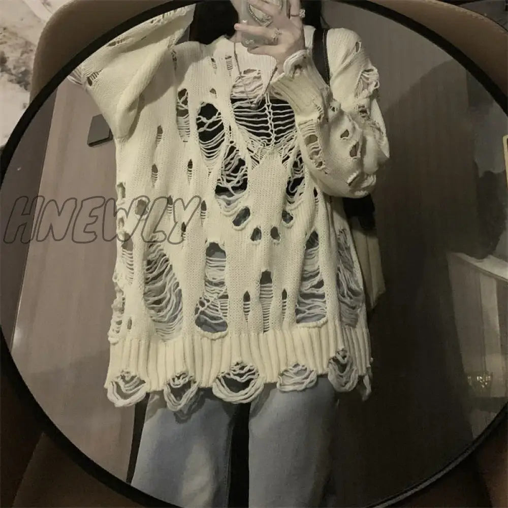 Hnewly Y2K Ripped Mesh Sweater Women Vintage Hollow Out Korean Fashion Grunge Net Knit 90S