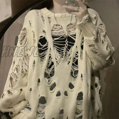 Hnewly Y2K Ripped Mesh Sweater Women Vintage Hollow Out Korean Fashion Grunge Net Knit 90S