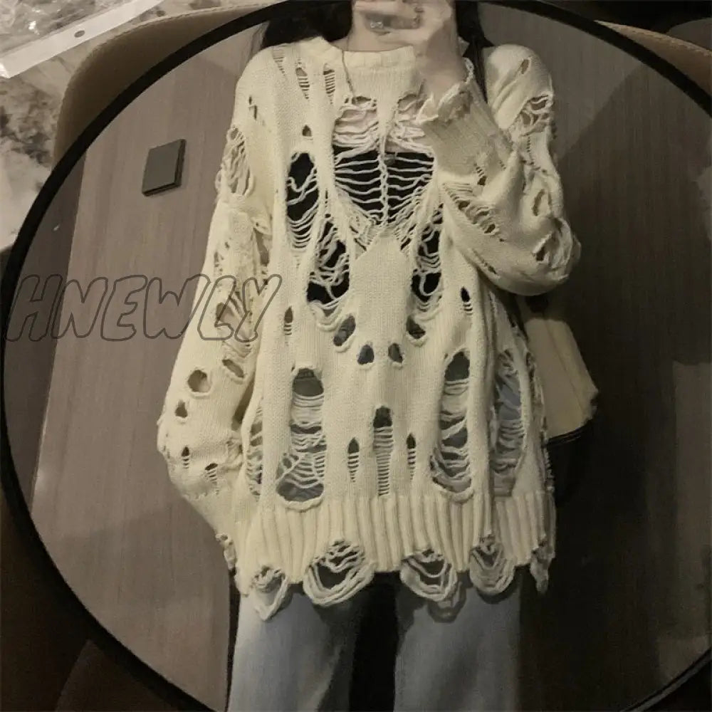 Hnewly Y2K Ripped Mesh Sweater Women Vintage Hollow Out Korean Fashion Grunge Net Knit 90S