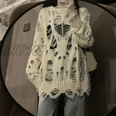Hnewly Y2K Ripped Mesh Sweater Women Vintage Hollow Out Korean Fashion Grunge Net Knit 90S