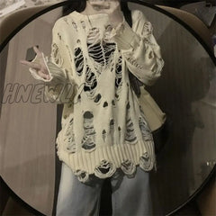 Hnewly Y2K Ripped Mesh Sweater Women Vintage Hollow Out Korean Fashion Grunge Net Knit 90S