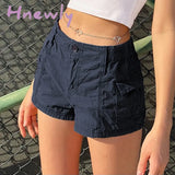 Hnewly y2k Solid Cargo Shorts Pockets Elastic Band Low Waisted Shorts Harajuku Retro Basic Casual Sporty Bottom Women Biker
