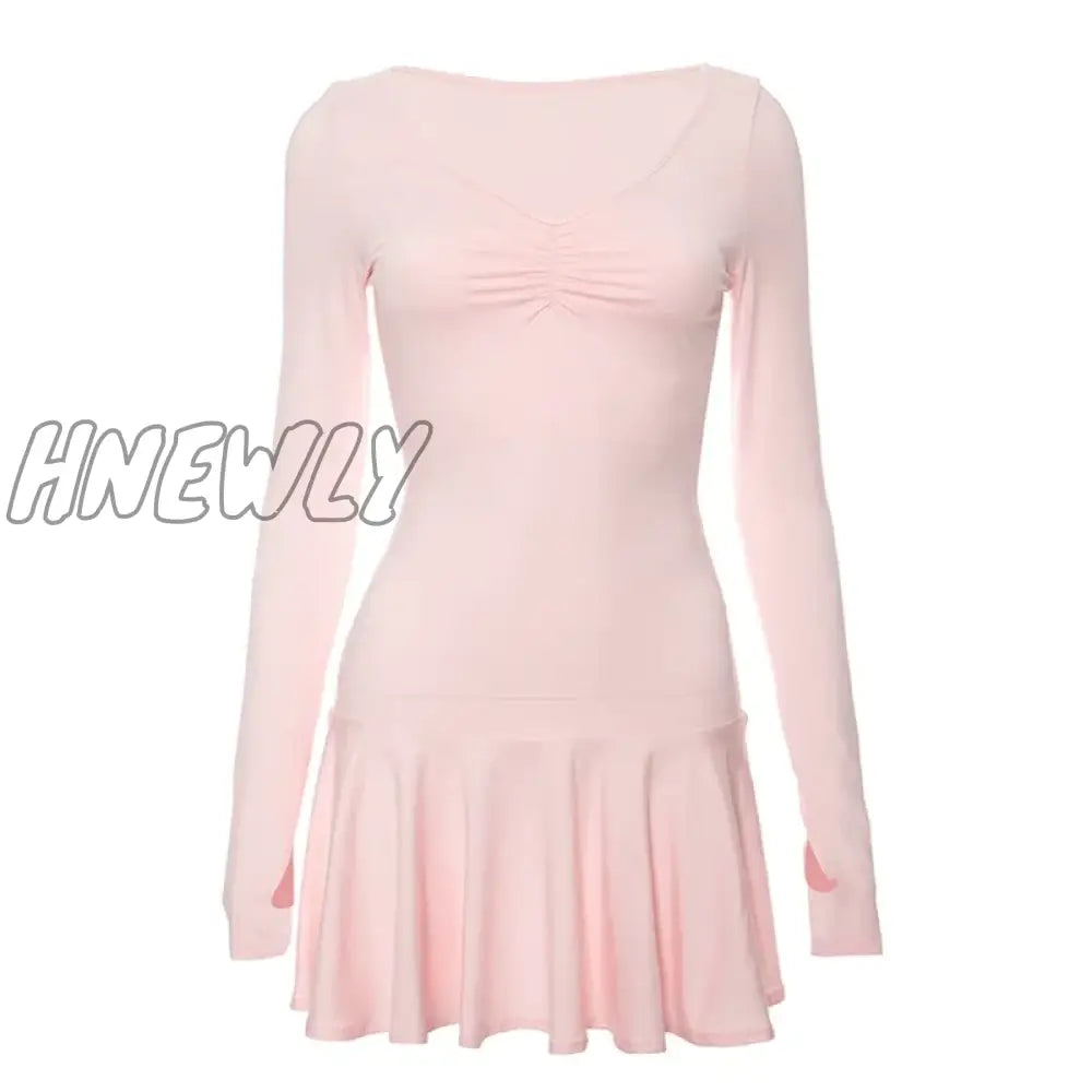 Hnewly Y2K Sweet Cute Girl Pink A-Line Mini Dress Fairycore Kawaii Ruched V Neck Long Sleeve