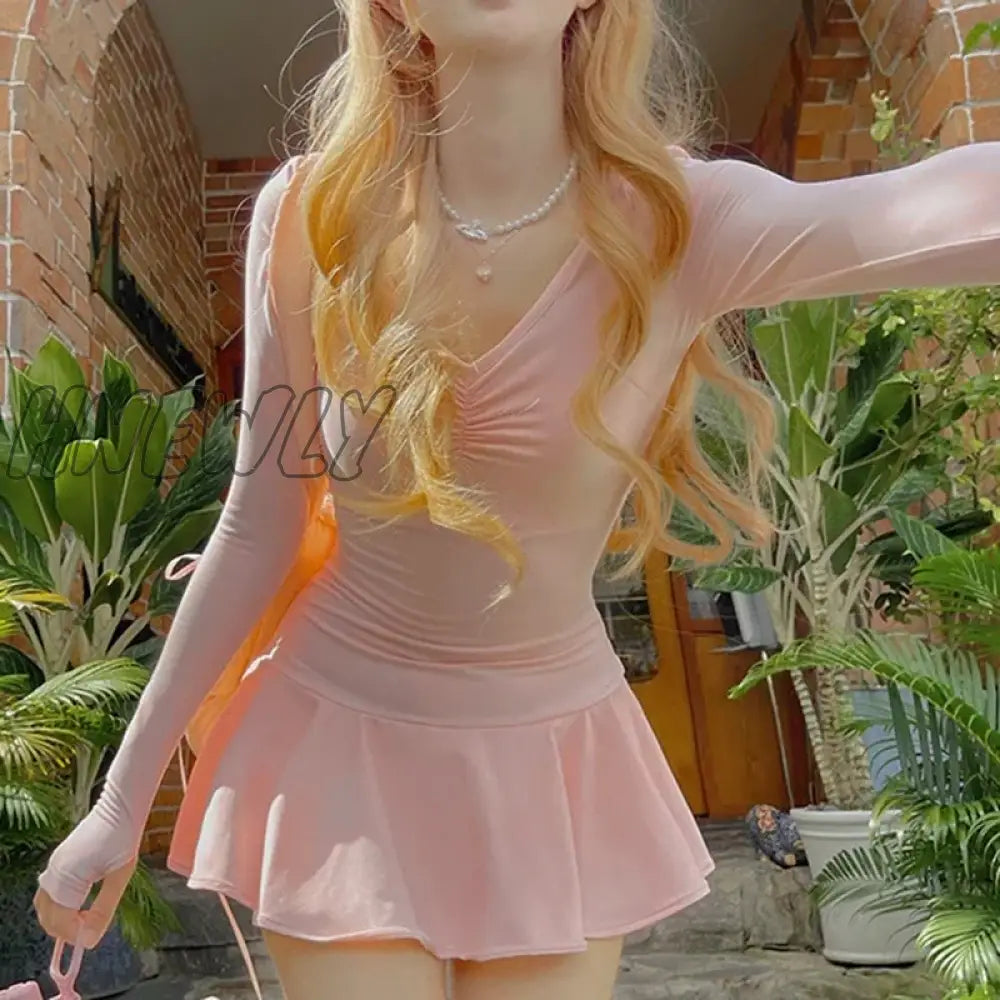 Hnewly Y2K Sweet Cute Girl Pink A-Line Mini Dress Fairycore Kawaii Ruched V Neck Long Sleeve