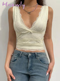 Hnewly Y2K Sweet Cute V Neck Bodycon Sexy Tank Top Fashion 2000s Aesthetic Summer Cropped Vest Slim Bow Lace Top Women Cloth