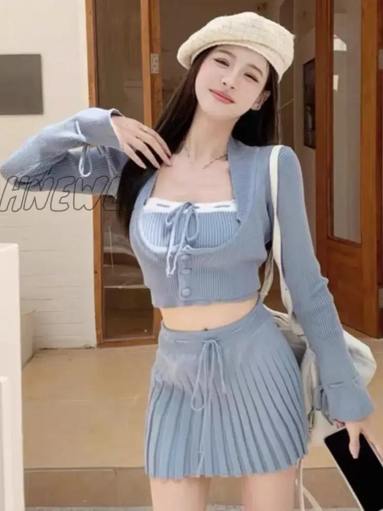 Hnewly Y2K Sweet Outfits Woman Solid Knitted Cropped Patchwork Vest + Slim Cardigan Mini Pleated