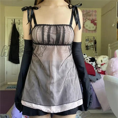 Hnewly Y2K Tops For Women Fairycore Grunge Lace Trim Patchwork Double Layer Sleeveless Cami 2000S