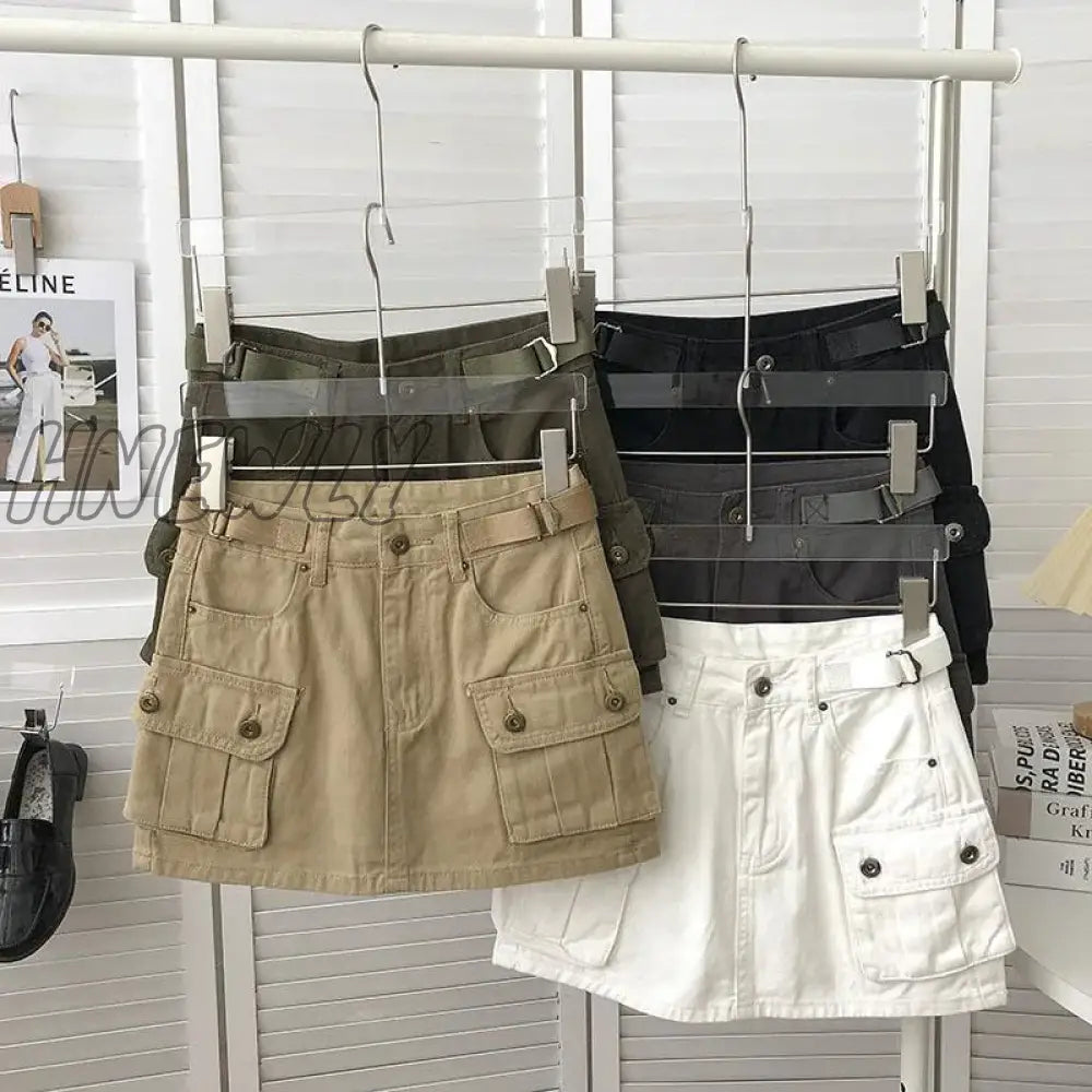 Hnewly Y2K Vintage Denim Skirts For Women High Waist Korean Slim Pocket Cargo Ladies Streetwear