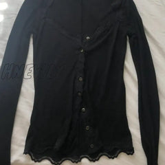 Hnewly Y2K Vintage Lace Trim Black T-Shirt Button Low Cut Long Sleeve Slim Fit Crop Top Elegant