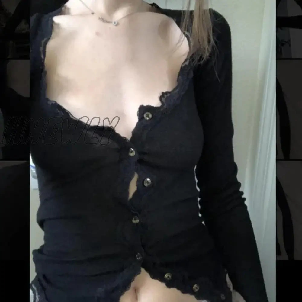 Hnewly Y2K Vintage Lace Trim Black T-Shirt Button Low Cut Long Sleeve Slim Fit Crop Top Elegant