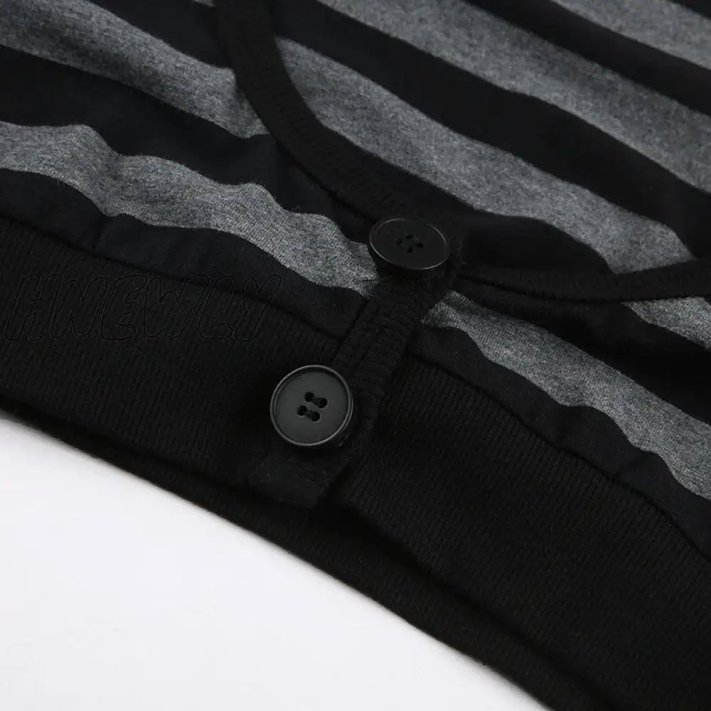 Hnewly Y2K Vintage Striped Crop Top Casual Button O-Neck Long Sleeves Cardigan T-Shirt Retro