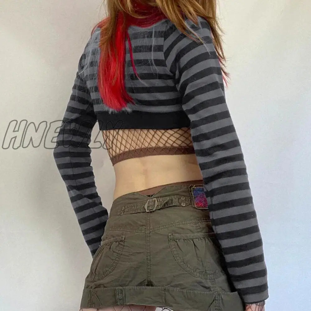 Hnewly Y2K Vintage Striped Crop Top Casual Button O-Neck Long Sleeves Cardigan T-Shirt Retro