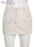 Hnewly Y2K White Cargo Skirts Pockets Low Waisted Prepply Mini Women Vintage Korean Chic Pencil 90S