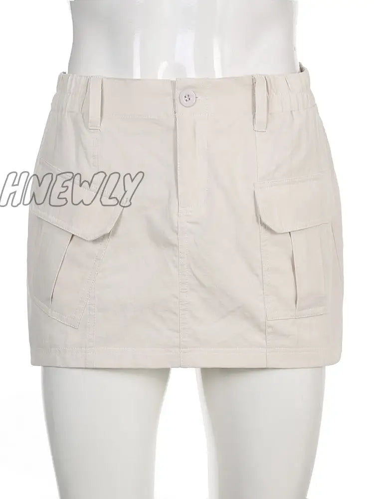 Hnewly Y2K White Cargo Skirts Pockets Low Waisted Prepply Mini Women Vintage Korean Chic Pencil 90S