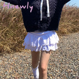 Hnewly Y2K White Mini Skirt Women Summer Korean Fashion Embroidered Double-Layer Ruffle Fairycore