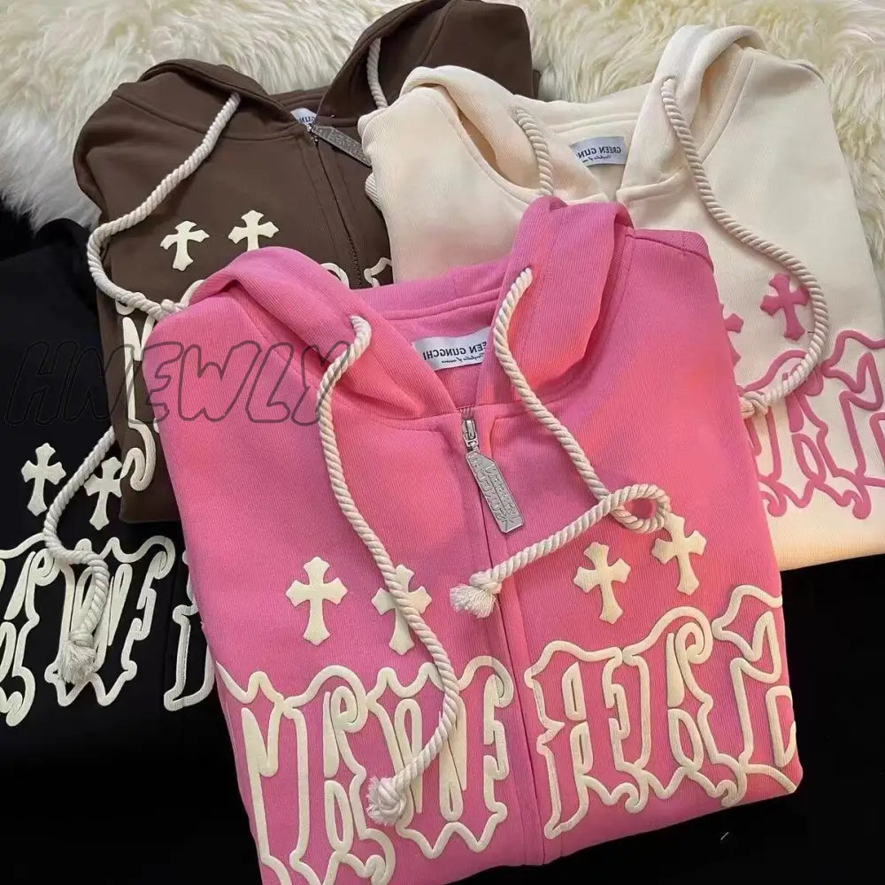 Hnewly Y2K Women Vintage Gothic Streetwear Embroidery Harajuku Hoodies Hip Hop Jacket Zip Up Hoodie