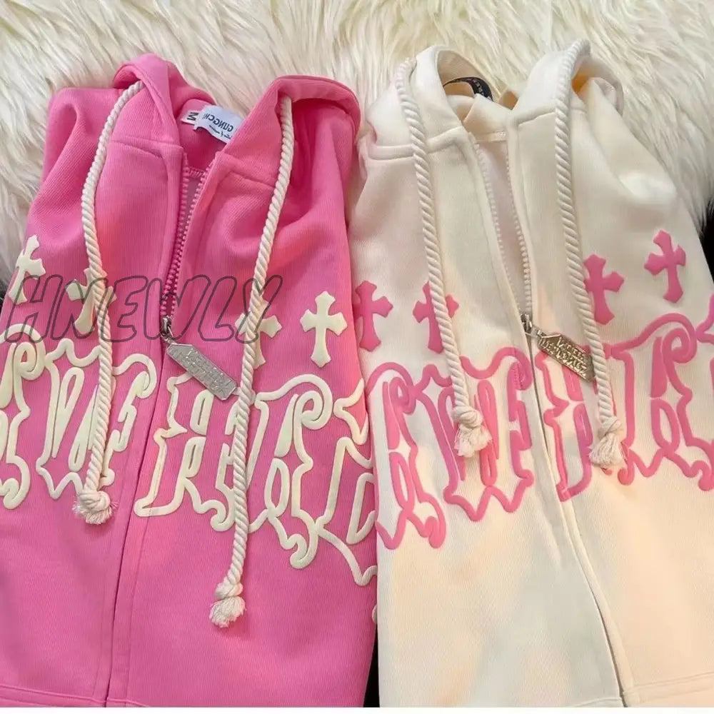 Hnewly Y2K Women Vintage Gothic Streetwear Embroidery Harajuku Hoodies Hip Hop Jacket Zip Up Hoodie