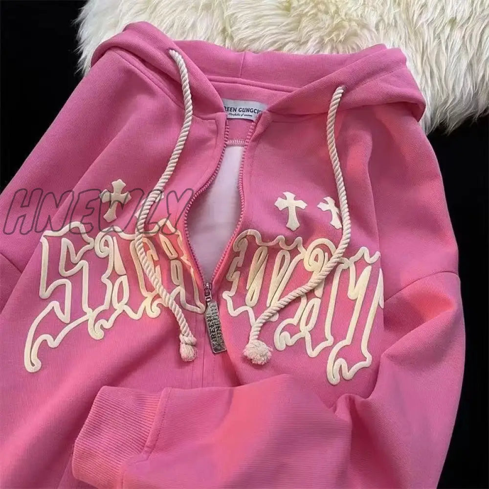 Hnewly Y2K Women Vintage Gothic Streetwear Embroidery Harajuku Hoodies Hip Hop Jacket Zip Up Hoodie
