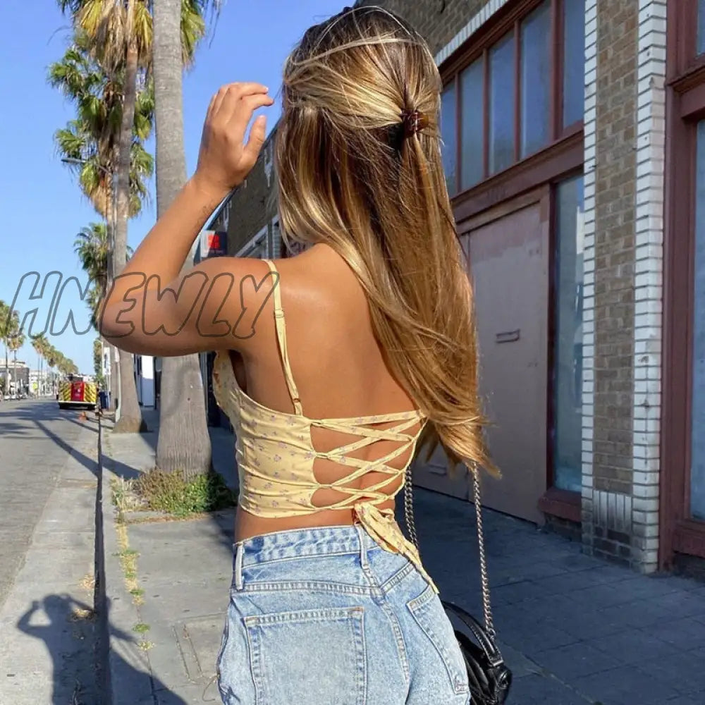 Hnewly Yellow Floral Print Sleeveless Camis Crop Tops Sexy Backless Lace Up Summer Straps Cropped
