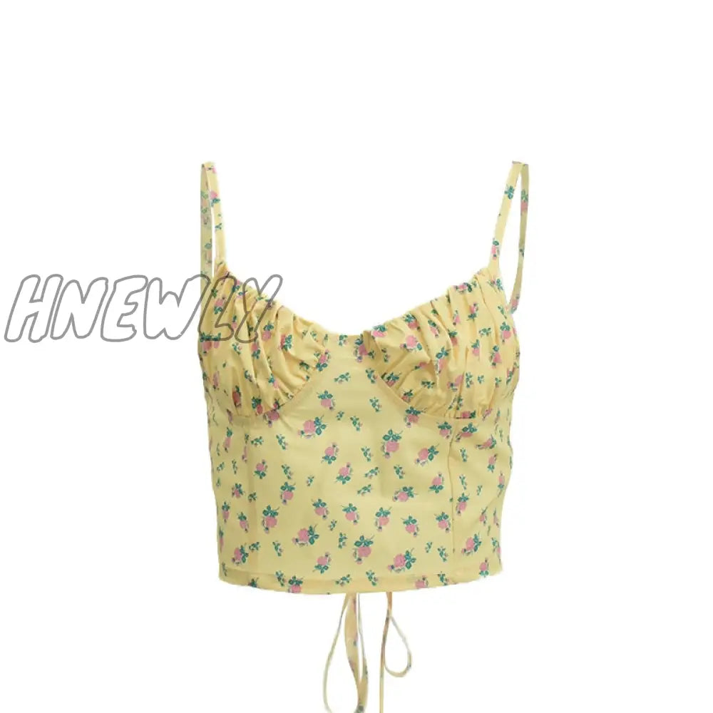Hnewly Yellow Floral Print Sleeveless Camis Crop Tops Sexy Backless Lace Up Summer Straps Cropped