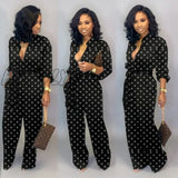 New Fashion Jumpsuit For Women Dot Black White Rompers Button Up Self Belted Pockets Womens Casual