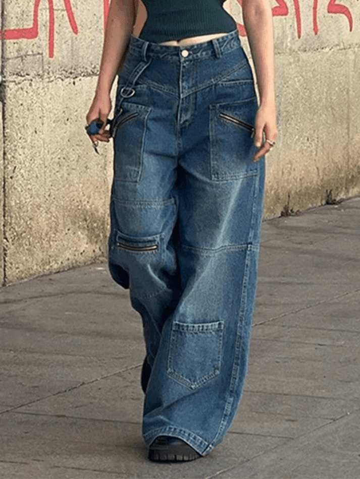 Hnewly - Patchwork Blue Wash Baggy Cargo Jeans Hnewly
