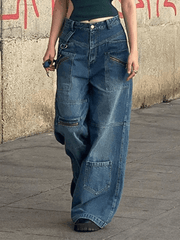 Hnewly - Patchwork Blue Wash Baggy Cargo Jeans Hnewly