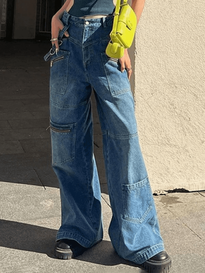 Hnewly - Patchwork Blue Wash Baggy Cargo Jeans Hnewly