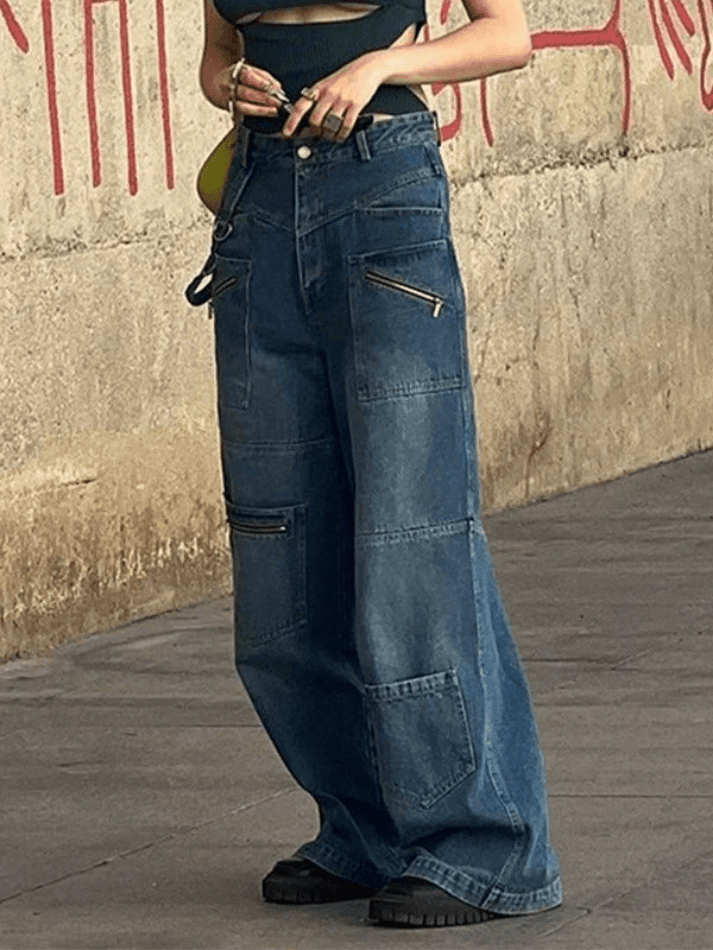 Hnewly - Patchwork Blue Wash Baggy Cargo Jeans Hnewly