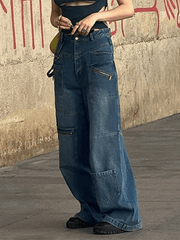 Hnewly - Patchwork Blue Wash Baggy Cargo Jeans Hnewly
