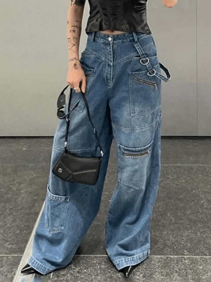 Hnewly - Patchwork Blue Wash Baggy Cargo Jeans Hnewly