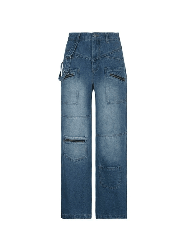 Hnewly - Patchwork Blue Wash Baggy Cargo Jeans Hnewly