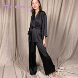 Solid Color Sleepwear Loose Flare Home Pants Three Quarter Sleeve Satin Robe Sets Bathrobe For