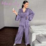 Solid Color Sleepwear Loose Flare Home Pants Three Quarter Sleeve Satin Robe Sets Bathrobe For