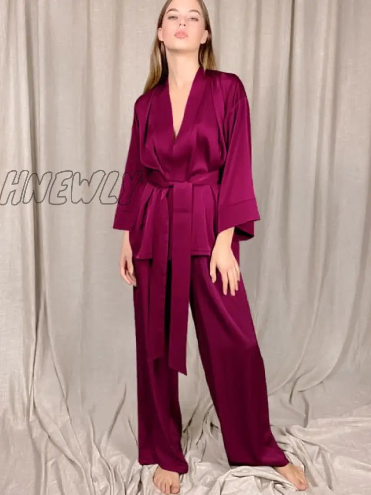 Solid Color Sleepwear Loose Flare Home Pants Three Quarter Sleeve Satin Robe Sets Bathrobe For