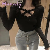 Spring Summer Tops Sexy Bow Ribbon Long Sleeve Top Slim T Shirt Bottoming Women’s O Neck Lace