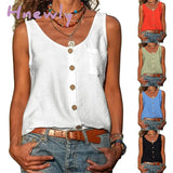 Summer New Solid Color V - Neck Vest Button Sleeveless Pocket Tank Top Office Lady Commuter T -
