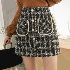 Tweed Skirts Women Autumn Winter Pearl Button Mini Pencil Plaid Wool Korean High Waist Elegant