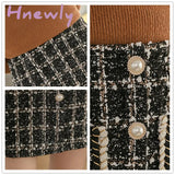 Tweed Skirts Women Autumn Winter Pearl Button Mini Pencil Plaid Wool Korean High Waist Elegant