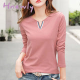 V Neck 100% Cotton T Shirt Woman Spring Fashion Long Sleeve Women’s T - Shirt Loose Korean Style