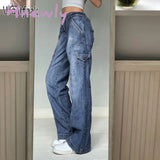 Waatfaak Harajuku Pockets Patchwork Cargo Jeans Y2K Dark Blue High Waist Streetwear 90S Baggy Women